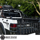 Rear matte black heavy duty carbon steel roll bar fitted to white Ford Ranger offroad 4x4 pickup truck vehicle with fitted LEDs lights.