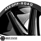 Set of four Axe AT3 20x9.5 or 20x10 alloy wheels in Gloss Black with Milled Highlights or Satin Black, featuring 6x139.7 or 6x114.3 PCD, ET-19 or ET15 offset, 106mm centre bore, and 955KG load rating. Includes wheel nuts and spigot rings. Ensure bolt pattern compatibility before purchase.