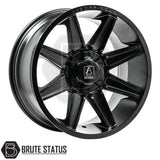 Set of four Axe AT3 20x9.5 or 20x10 alloy wheels in Gloss Black with Milled Highlights or Satin Black, featuring 6x139.7 or 6x114.3 PCD, ET-19 or ET15 offset, 106mm centre bore, and 955KG load rating. Includes wheel nuts and spigot rings. Ensure bolt pattern compatibility before purchase.