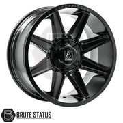 Set of four Axe AT3 20x9.5 or 20x10 alloy wheels in Gloss Black with Milled Highlights or Satin Black, featuring 6x139.7 or 6x114.3 PCD, ET-19 or ET15 offset, 106mm centre bore, and 955KG load rating. Includes wheel nuts and spigot rings. Ensure bolt pattern compatibility before purchase.