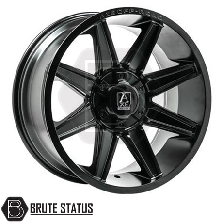Set of four Axe AT3 20x9.5 or 20x10 alloy wheels in Gloss Black with Milled Highlights or Satin Black, featuring 6x139.7 or 6x114.3 PCD, ET-19 or ET15 offset, 106mm centre bore, and 955KG load rating. Includes wheel nuts and spigot rings. Ensure bolt pattern compatibility before purchase.
