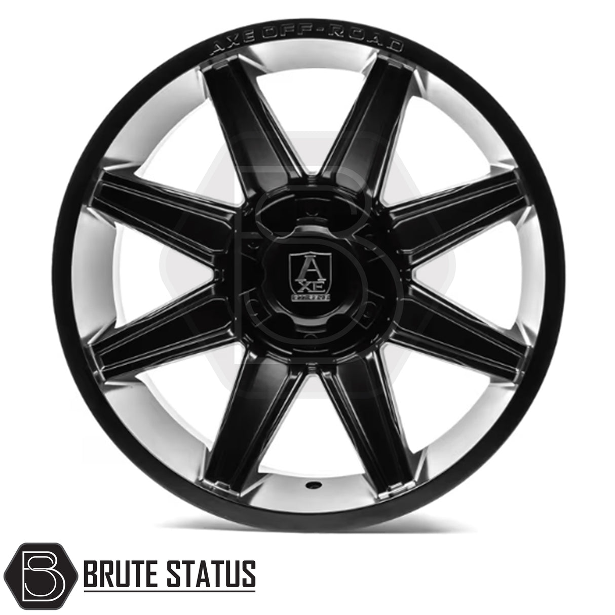 Set of four Axe AT3 20x9.5 or 20x10 alloy wheels in Gloss Black with Milled Highlights or Satin Black, featuring 6x139.7 or 6x114.3 PCD, ET-19 or ET15 offset, 106mm centre bore, and 955KG load rating. Includes wheel nuts and spigot rings. Ensure bolt pattern compatibility before purchase.
