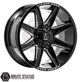 Set of four Axe AT3 20x9.5 or 20x10 alloy wheels in Gloss Black with Milled Highlights or Satin Black, featuring 6x139.7 or 6x114.3 PCD, ET-19 or ET15 offset, 106mm centre bore, and 955KG load rating. Includes wheel nuts and spigot rings. Ensure bolt pattern compatibility before purchase.