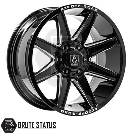 Set of four Axe AT3 20x9.5 or 20x10 alloy wheels in Gloss Black with Milled Highlights or Satin Black, featuring 6x139.7 or 6x114.3 PCD, ET-19 or ET15 offset, 106mm centre bore, and 955KG load rating. Includes wheel nuts and spigot rings. Ensure bolt pattern compatibility before purchase.