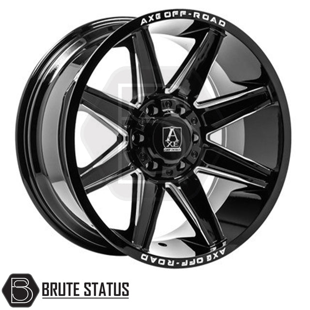 Set of four Axe AT3 20x9.5 or 20x10 alloy wheels in Gloss Black with Milled Highlights or Satin Black, featuring 6x139.7 or 6x114.3 PCD, ET-19 or ET15 offset, 106mm centre bore, and 955KG load rating. Includes wheel nuts and spigot rings. Ensure bolt pattern compatibility before purchase.