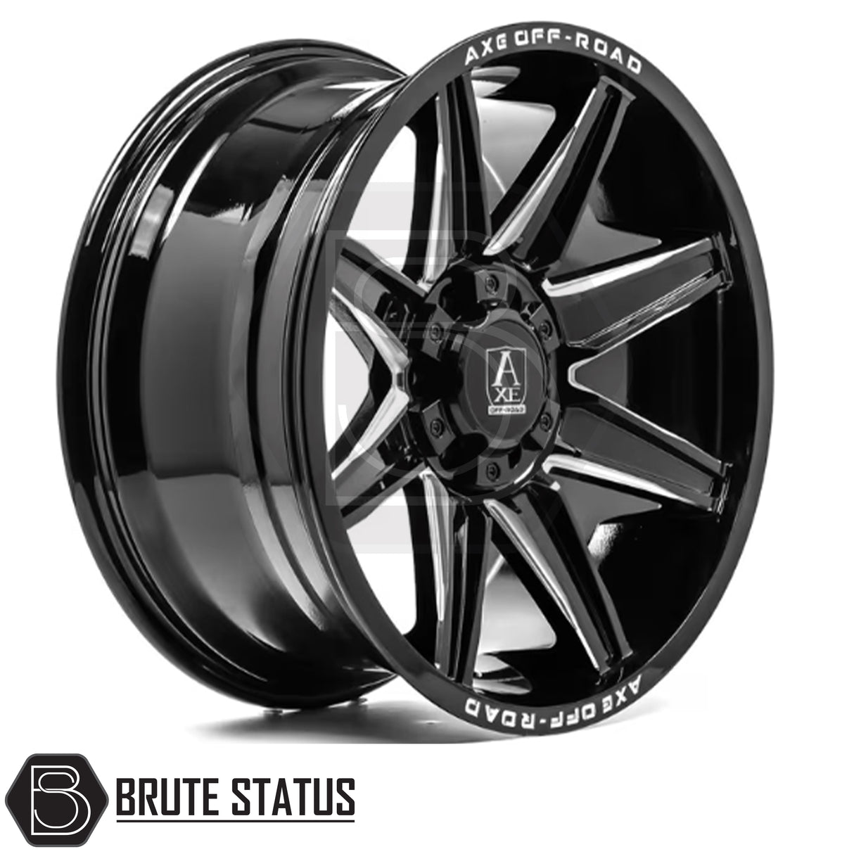 Set of four Axe AT3 20x9.5 or 20x10 alloy wheels in Gloss Black with Milled Highlights or Satin Black, featuring 6x139.7 or 6x114.3 PCD, ET-19 or ET15 offset, 106mm centre bore, and 955KG load rating. Includes wheel nuts and spigot rings. Ensure bolt pattern compatibility before purchase.