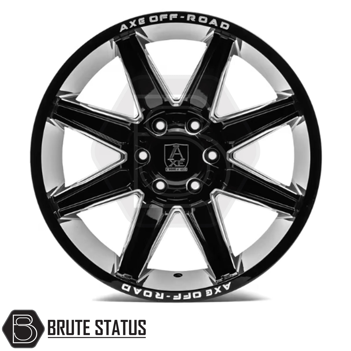 Set of four Axe AT3 20x9.5 or 20x10 alloy wheels in Gloss Black with Milled Highlights or Satin Black, featuring 6x139.7 or 6x114.3 PCD, ET-19 or ET15 offset, 106mm centre bore, and 955KG load rating. Includes wheel nuts and spigot rings. Ensure bolt pattern compatibility before purchase.