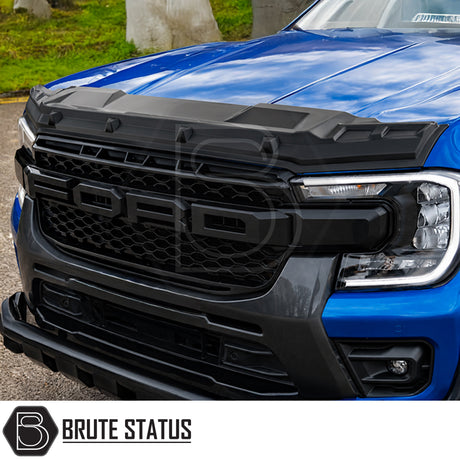 Premium satin black bonnet protector for Ford Ranger T9 2023+ with aerodynamic styling and durable bug shield protection