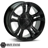 Wolfrace Brooklyn Matte Black alloy wheel with multi-spoke design, featuring Black Wolf Alloy Wheels logo and Brute Status branding, ideal for off-road or street use.