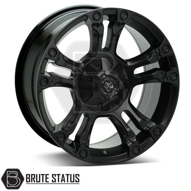 Wolfrace Brooklyn Matte Black alloy wheel with multi-spoke design, featuring Black Wolf Alloy Wheels logo and Brute Status branding, ideal for off-road or street use.