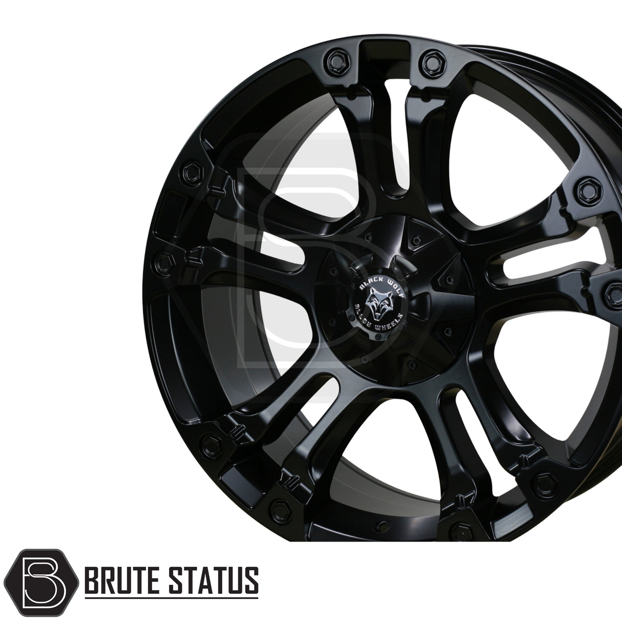 Wolfrace Brooklyn matte black wheel, glossy multi-spoke design, branded Black Wolf center, suited for pick-up truck customization, set of 4.