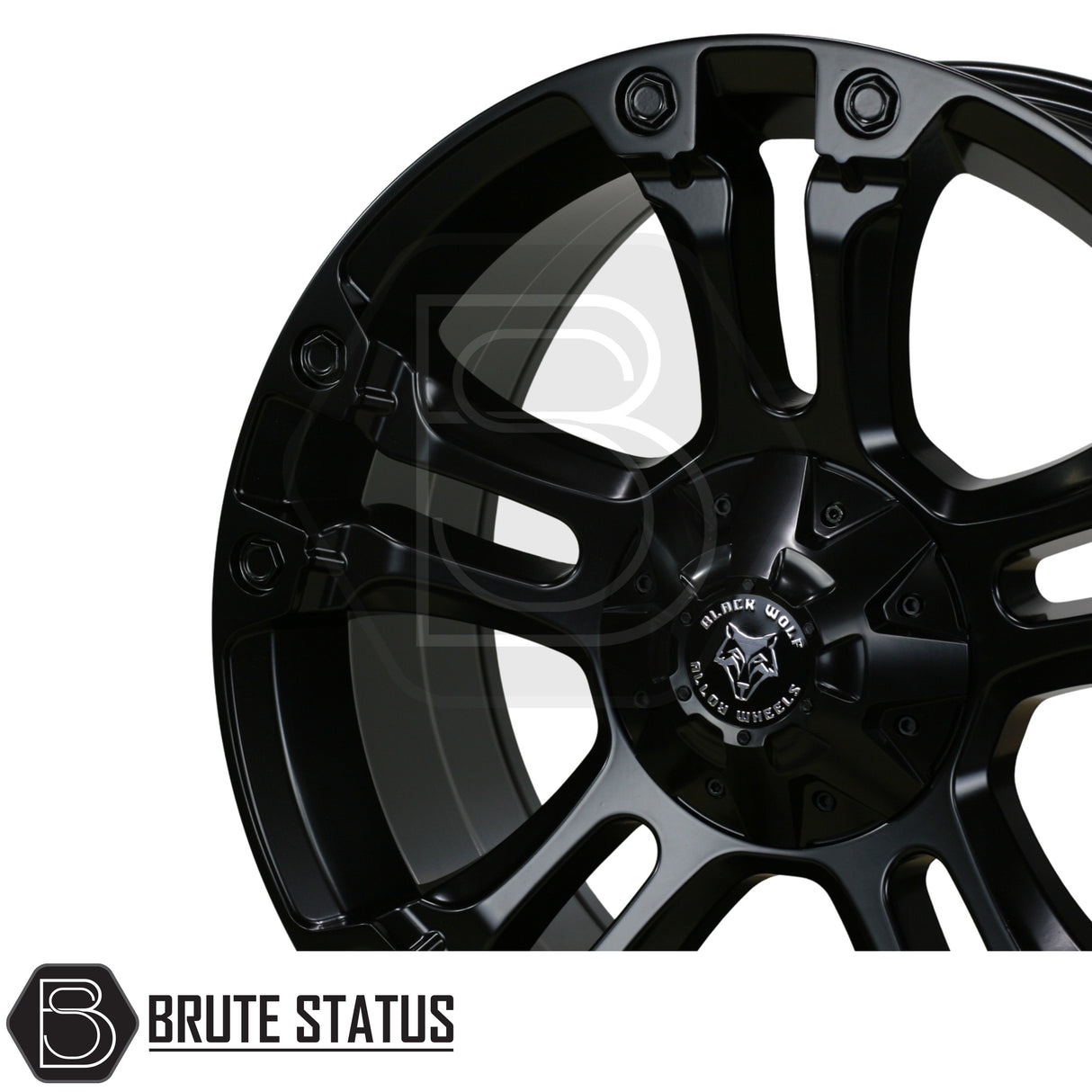 Close-up of the Wolfrace Brooklyn Matte Black alloy wheel, featuring the Black Wolf Alu Wheels logo and Brute Status watermark, suitable for aftermarket pick-up truck customization.