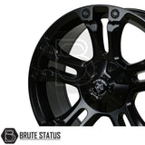 Close-up of the Wolfrace Brooklyn Matte Black alloy wheel, featuring the Black Wolf Alu Wheels logo and Brute Status watermark, suitable for aftermarket pick-up truck customization.