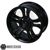 Wolfrace Brooklyn alloy wheel in gloss-black, featuring multi-spoke design and wolf logo, branded Brute Status for pick-up truck customization.