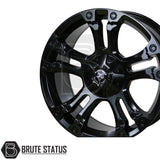 Glossy black Wolfrace Brooklyn aftermarket wheel with multi-spoke design and Black Wolf Alloy Wheels logo, branded BRUTE STATUS, suitable for trucks or SUVs.