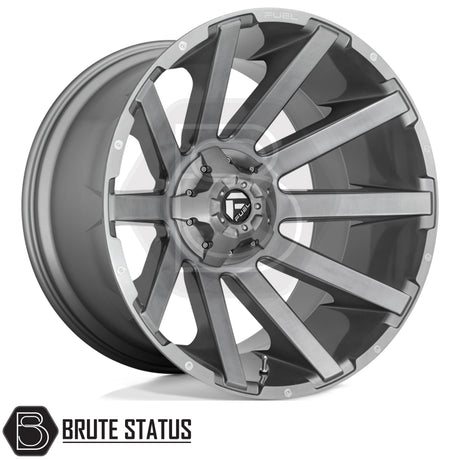 Fuel Contra Platinum alloy wheels in brushed gunmetal grey, premium 20x9 and 22x12 off-road wheels with 6x139.7 PCD for pickup trucks and 4x4s.