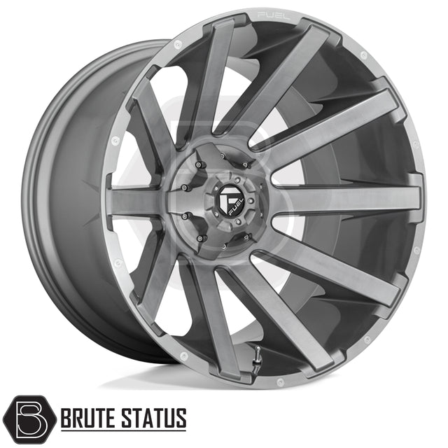 Fuel Contra Platinum alloy wheels in brushed gunmetal grey, premium 20x9 and 22x12 off-road wheels with 6x139.7 PCD for pickup trucks and 4x4s.