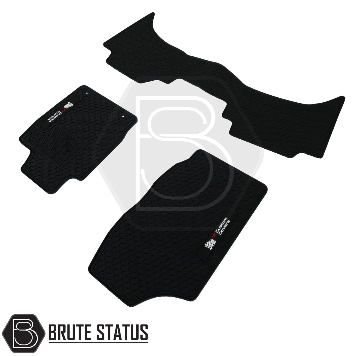 Ford Ranger 2012-2019 T6 & T7 Wildtrak Double Cab Rubber Floor Mats with honeycomb pattern and UK Custom Covers logo, tailored for right-hand drive vehicles.