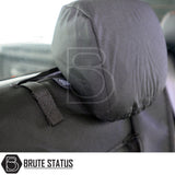 Ford Ranger 2012-2022 seat cover on headrest with Brute Status logo, tailored fit, waterproof, durable cotton-backed polyester for enhanced protection and style.