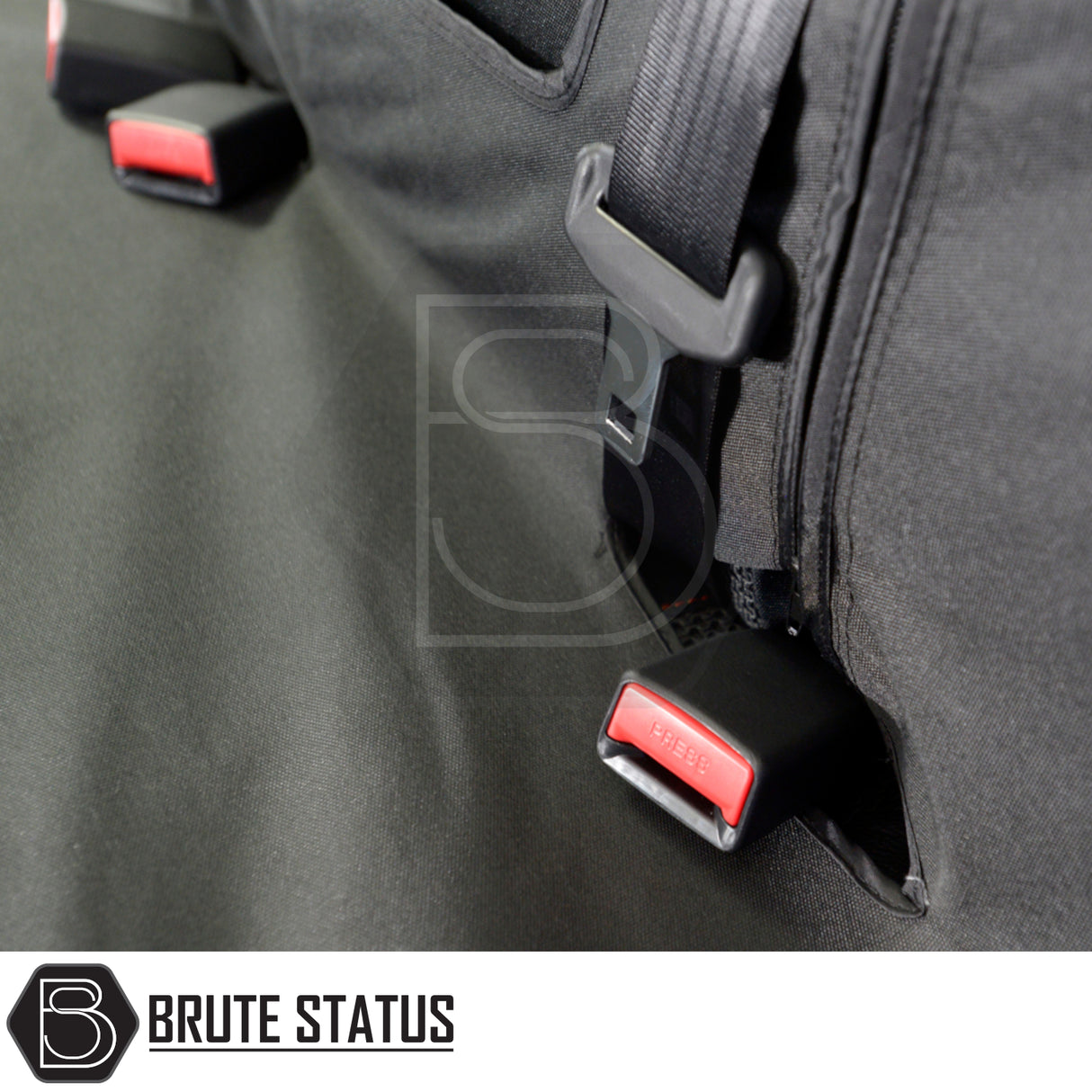 Ford Ranger 2012-2022 seat cover with buckle slots, adjustable strap, and Brute Status logo, showcasing tailored fit and durable materials.