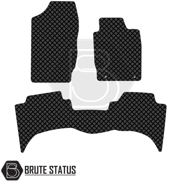 Fiat Fullback 2016-2019 Double Cab Rubber Floor Mats with diamond-plate texture and Brute Status logo, designed for right-hand drive, offering precision fit and protection.