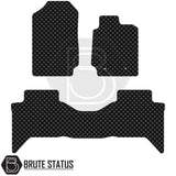 Ford Ranger 2012-2019 T6 & T7 Wildtrak Double Cab Rubber Floor Mats set, featuring three diamond-plate–patterned pieces, branded with Brute Status logo.