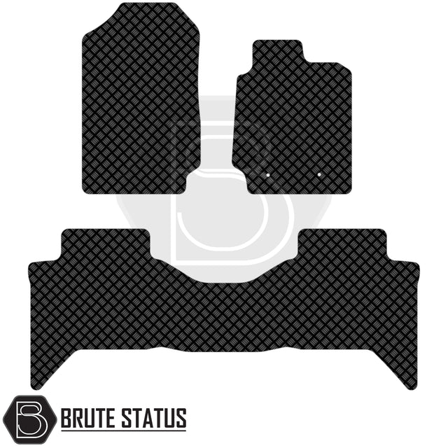 Ford Ranger 2012-2019 T6 & T7 Wildtrak Double Cab Rubber Floor Mats set, featuring three diamond-plate–patterned pieces, branded with Brute Status logo.
