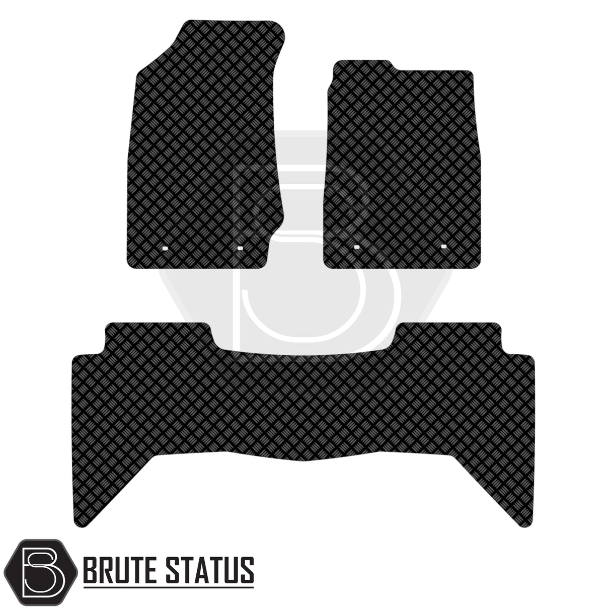 Isuzu D-Max 2012-2020 Double Cab Rubber Floor Mats: Set of three black diamond-plate pattern mats with Brute Status logo, designed for right-hand drive vehicles.
