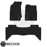 Isuzu D-Max 2012-2020 Double Cab Rubber Floor Mats: Set of three black diamond-plate pattern mats with Brute Status logo, designed for right-hand drive vehicles.
