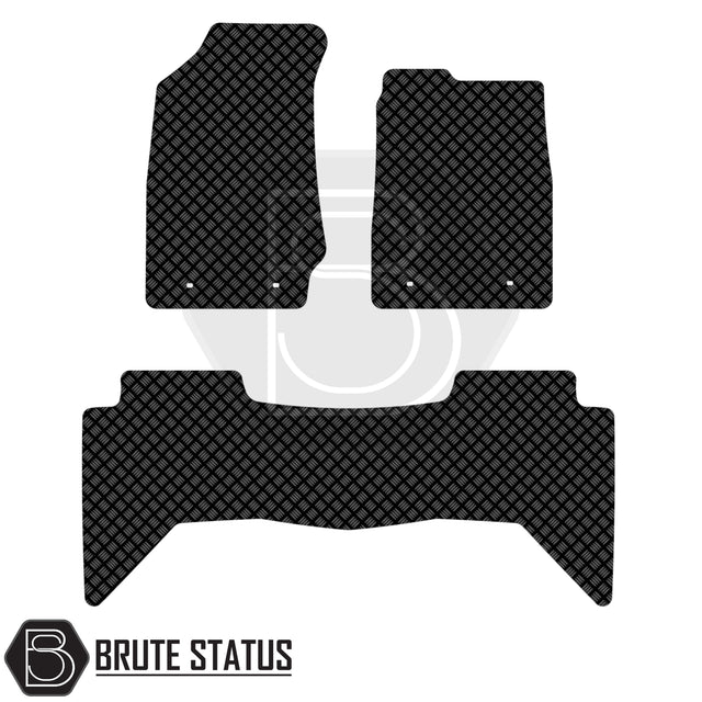 Isuzu D-Max 2012-2020 Double Cab Rubber Floor Mats: Set of three black diamond-plate pattern mats with Brute Status logo, designed for right-hand drive vehicles.