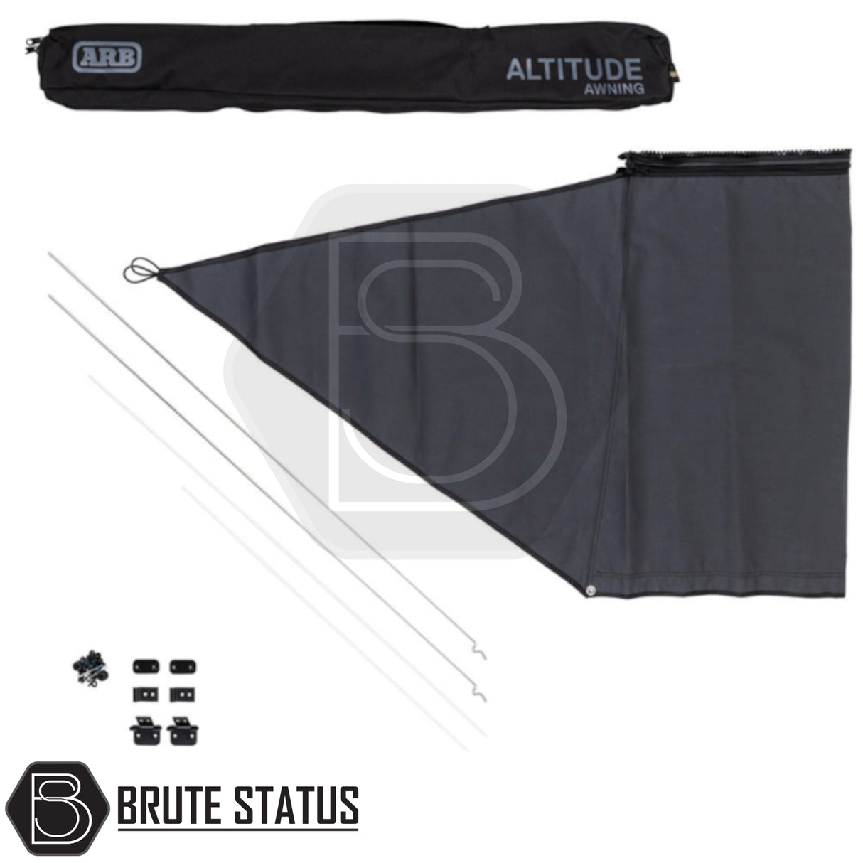 ARB Altitude vehicle-mount awning kit with carry bag, side-wall screen, support poles, and mounting hardware for off-road setups.