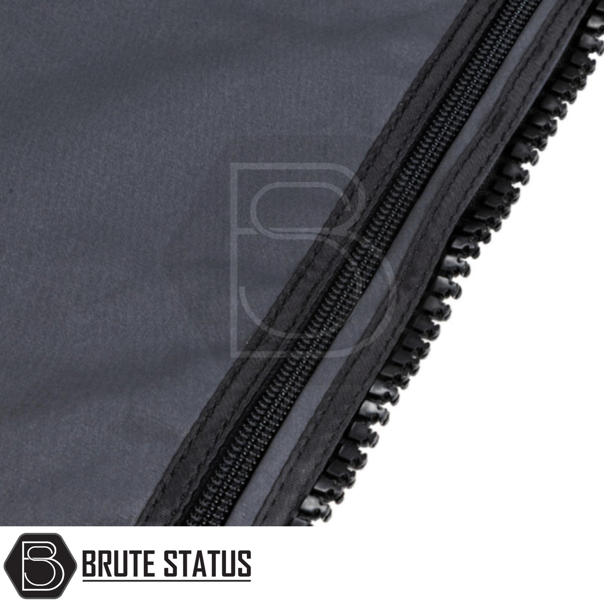 Close-up of a heavy-duty black zipper on the ARB Altitude Side Awning Kit, featuring the BRUTE STATUS logo on dark fabric.