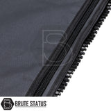 Close-up of a heavy-duty black zipper on the ARB Altitude Side Awning Kit, featuring the BRUTE STATUS logo on dark fabric.