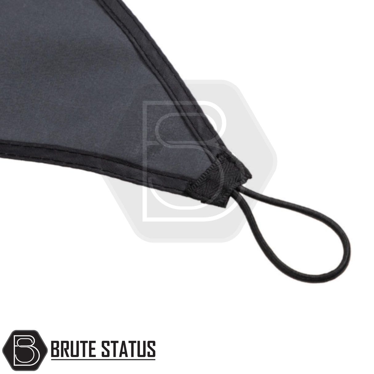 Brute Status branded black cloth face mask with visible triangular panel and elastic ear-loop attached, highlighting its sleek design and practical use.