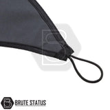 Brute Status branded black cloth face mask with visible triangular panel and elastic ear-loop attached, highlighting its sleek design and practical use.
