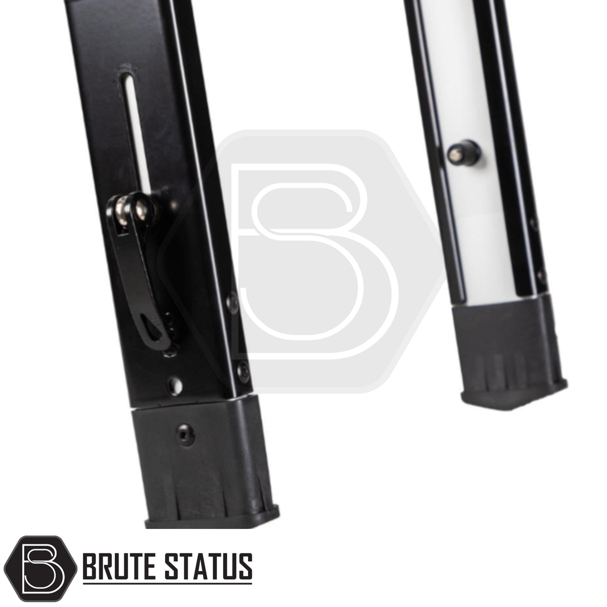Close-up of Brute Status branded ARB Altitude Tent Ladder Extension's adjustable telescoping metal support legs with locking levers and plastic feet for rooftop tent use.