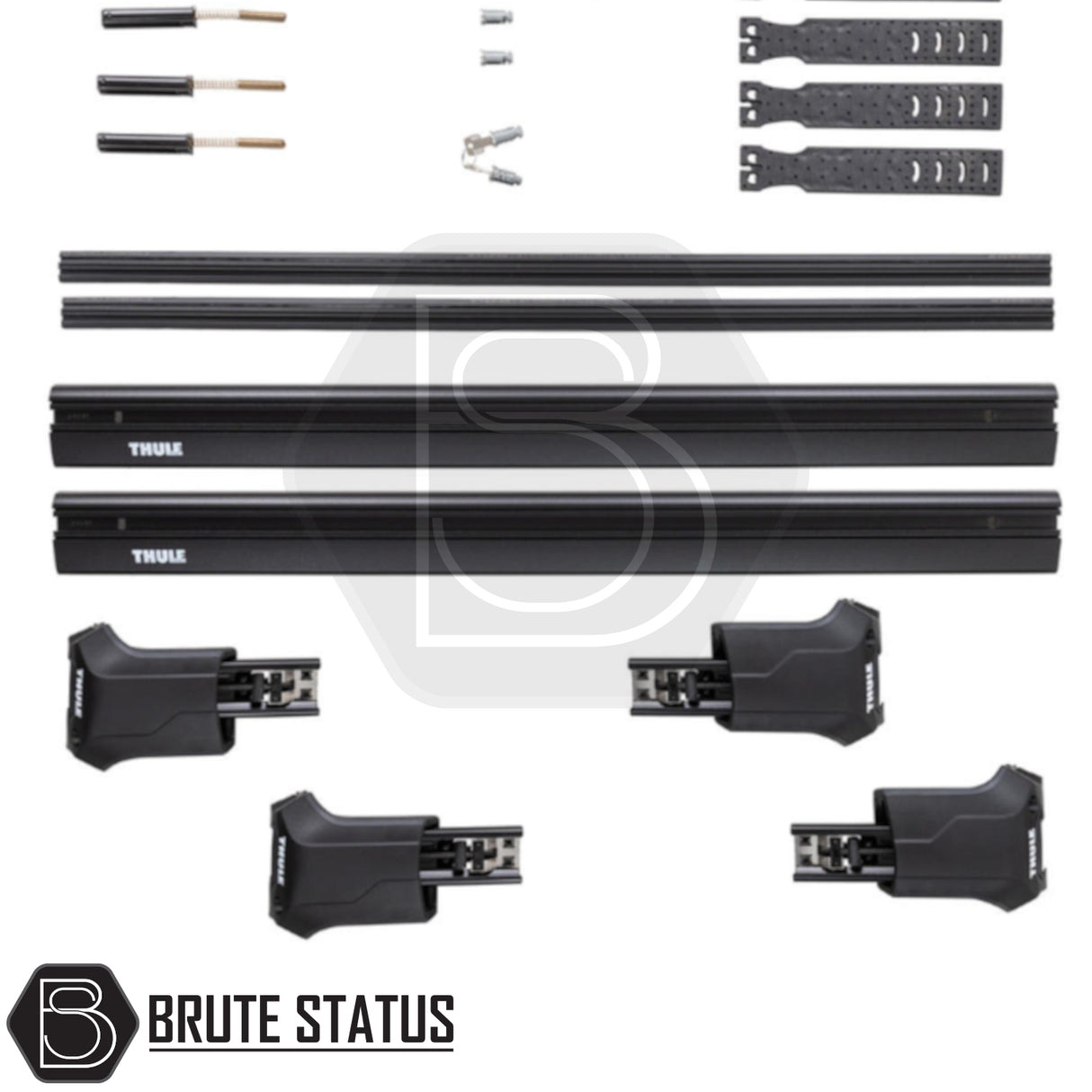 ARB Altitude Roof Cross Bar Kit, featuring Thule crossbars, foot-clamp assemblies, and perimeter straps for optimizing roof cargo on Altitude vehicles with integrated rails.