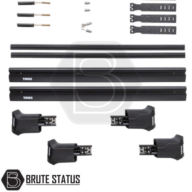 ARB Altitude Roof Cross Bar Kit, featuring Thule crossbars, foot-clamp assemblies, and perimeter straps for optimizing roof cargo on Altitude vehicles with integrated rails.