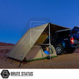 ARB Simpson III Rooftop Tent & Annex setup beside a 4x4 truck with awning, showcasing a cozy campsite under a twilight sky.