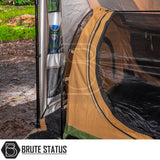 ARB Awning Alcove in a forest setup, featuring a multi-pocket organizer with Kleenex and insect repellent, showcasing its practicality for enhanced camping comfort and convenience.