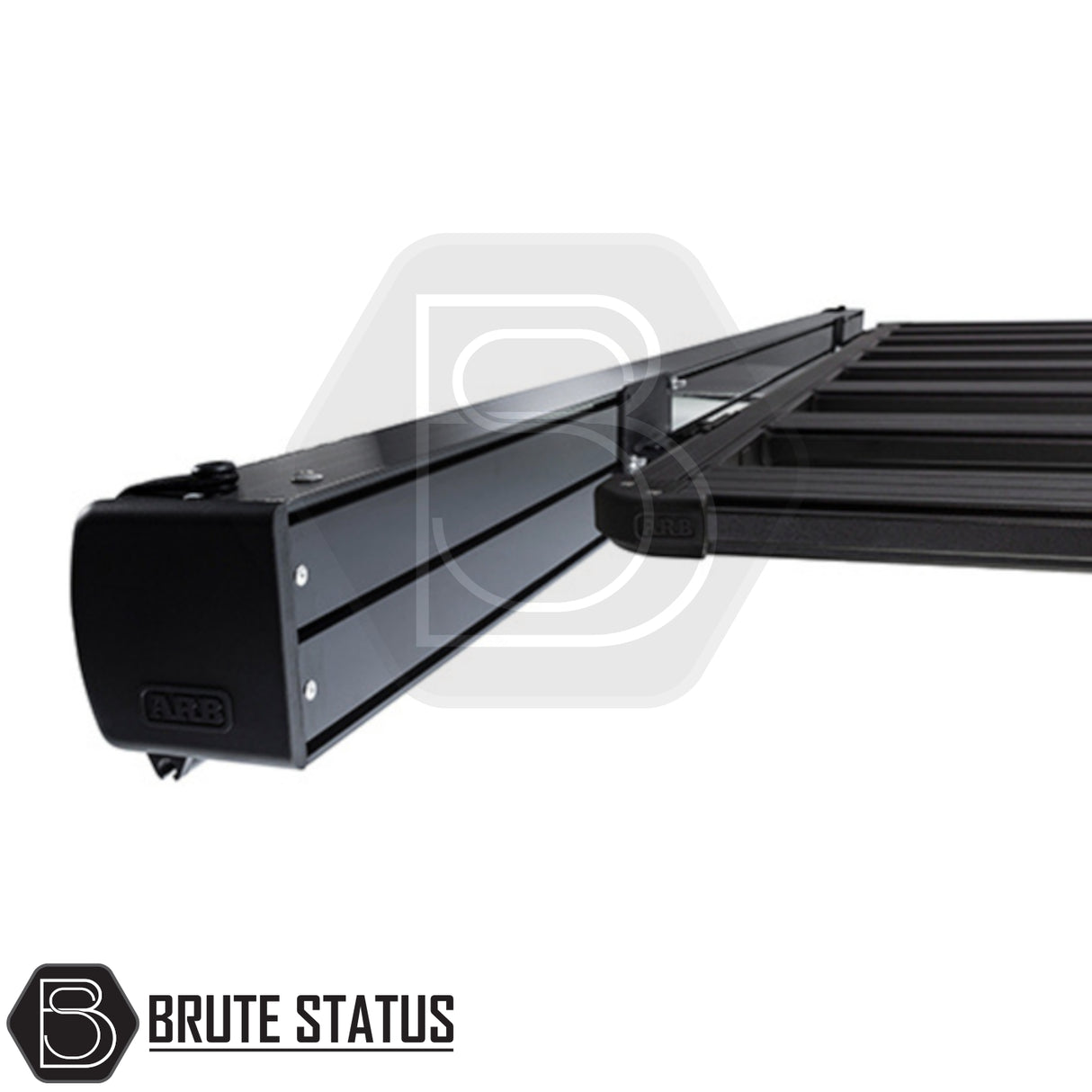 ARB Awning with Light Black Aluminium Case 3m x 2.5m; features a modular aluminum roof rack with removable cross-bar for versatile cargo carrying.