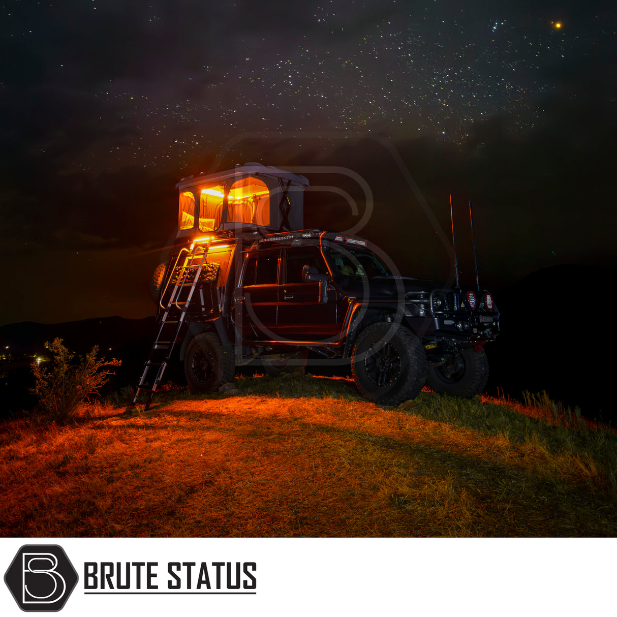 Rugged 4x4 with ARB Altitude Rooftop Tent, illuminated and perched on a hilltop, featuring automated setup and off-road enhancements against a starry night sky.