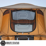 ARB Flinders Rooftop Tent on a pickup, orange canvas, zip-up mesh windows, built-in ladder, designed for easy setup and compact camping for two adults.