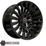 Hawke Wheels Denali XXC gloss-black alloy wheel, turbine-style multi-spoke design, branded by Brute Status.