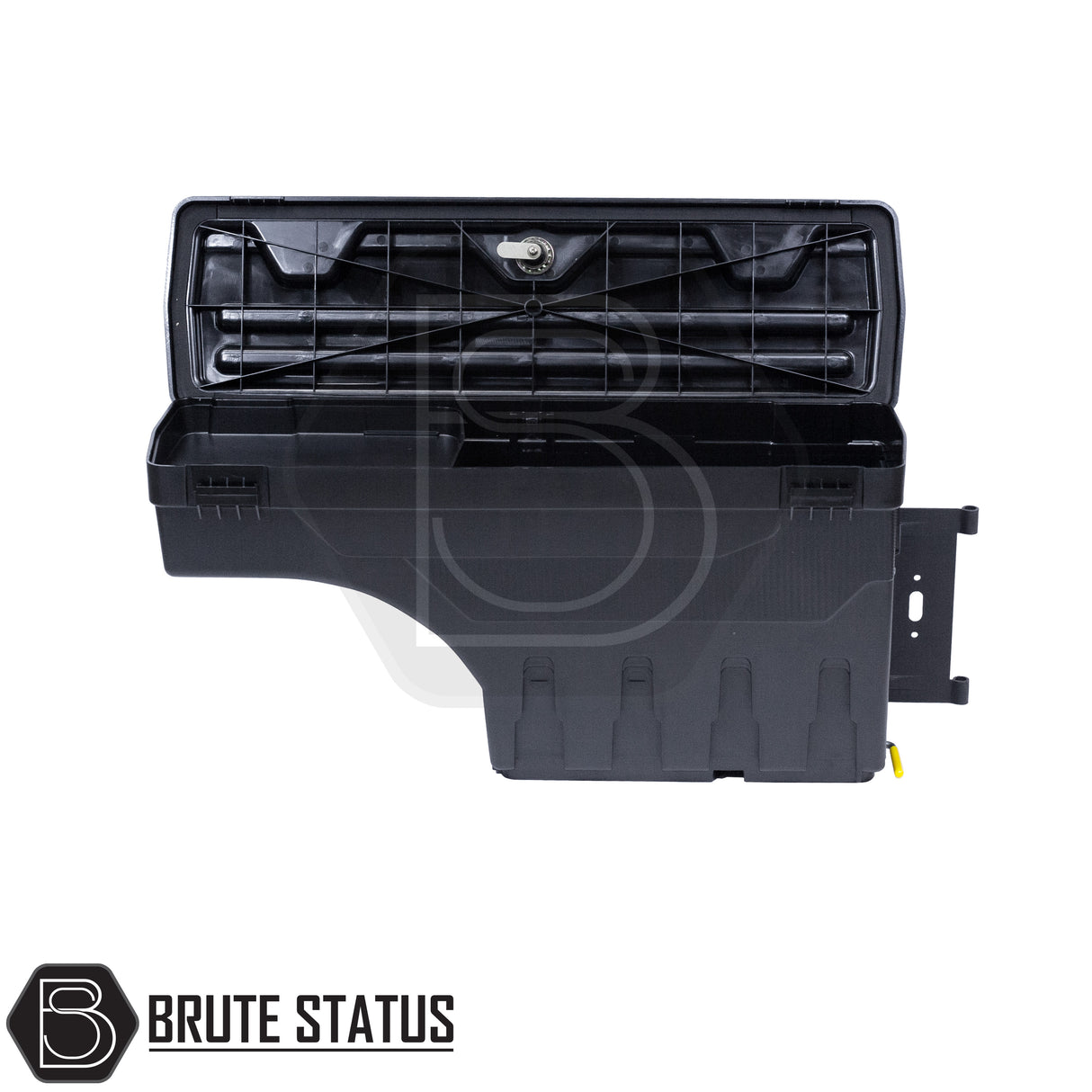 Passenger side heavy-duty ABS plastic wheel well lock box for 2012+ Ford Ranger, featuring a matte black finish, weather-sealed lid, integrated lock, and swivel-out design for secure, organized truck bed storage.