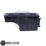 Passenger side heavy-duty ABS plastic wheel well lock box for 2012+ Ford Ranger, featuring a matte black finish, weather-sealed lid, integrated lock, and swivel-out design for secure, organized truck bed storage.