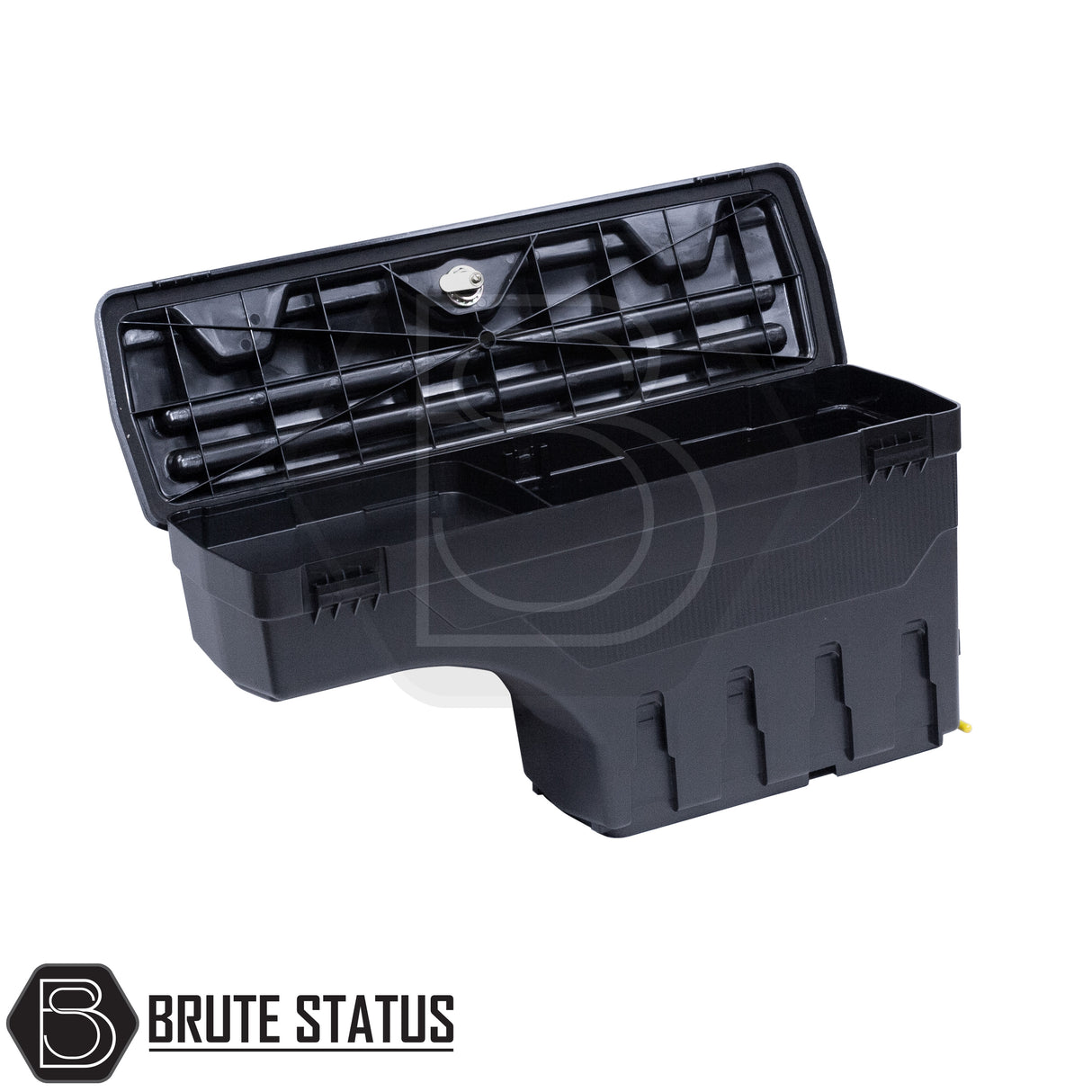 Passenger side heavy-duty ABS plastic wheel well lock box for 2012+ Ford Ranger, featuring a matte black finish, weather-sealed lid, integrated lock, and swivel-out design for secure, organized truck bed storage.