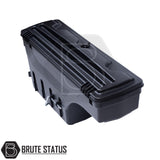 Passenger side heavy-duty ABS plastic wheel well lock box for 2012+ Ford Ranger, featuring a matte black finish, weather-sealed lid, integrated lock, and swivel-out design for secure, organized truck bed storage.