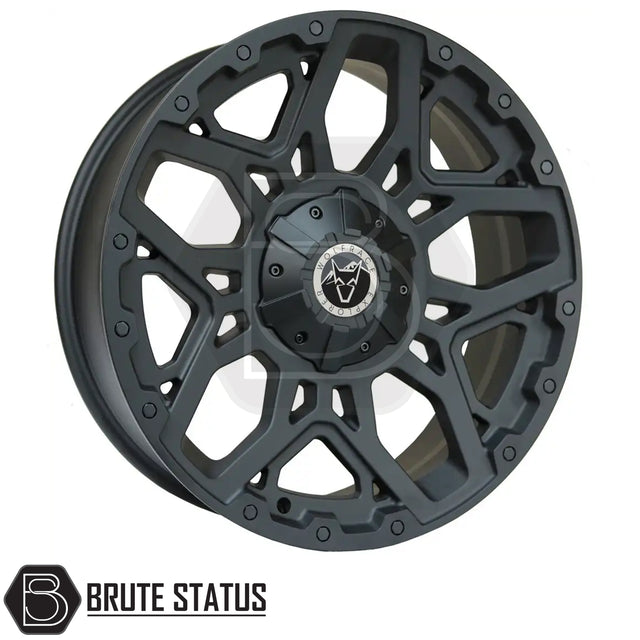 Wolfrace Sahara Matte Black Wheels with Black or Silver Rivets – Set of 4 – Premium alloy wheels available in 18x8.5 or 20x9, multiple PCD options (5x120, 6x114.3, 6x139.7), offsets ET0–ET45, centre bore 65.1–106.1mm, load rating 950kg–1250kg, supplied with wheel nuts and spigot rings.