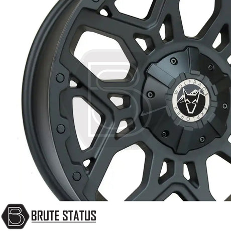Wolfrace Sahara Matte Black Alloy Wheels with Riveted Design – Complete 4-wheel set featuring black or silver rivets, suitable for trucks and SUVs, multiple sizes and bolt patterns, ET0–ET45 offsets, 950kg–1250kg load capacity, fitting accessories included.
